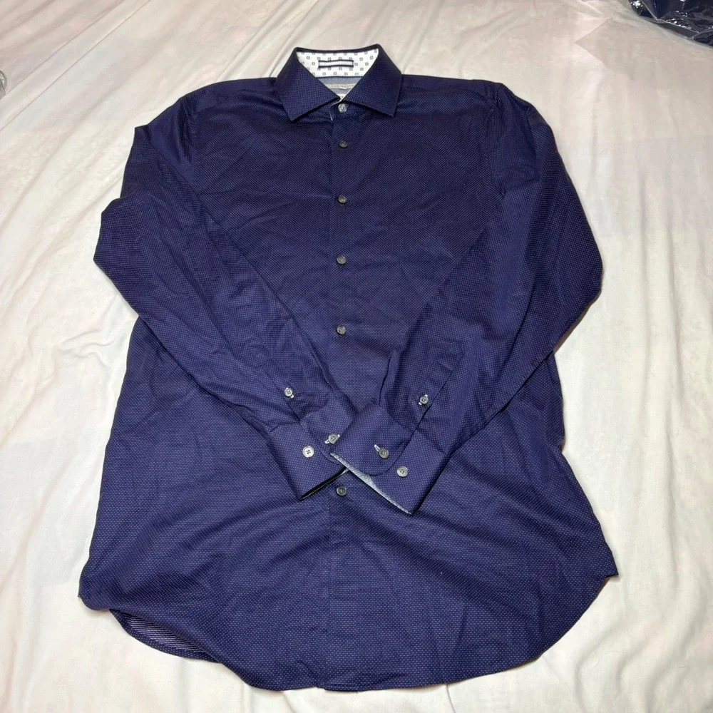 Ted Baker London Slim Fit Dress Shirt Navy Blue Micro Dot 15.5 39 Long Sleeve‎